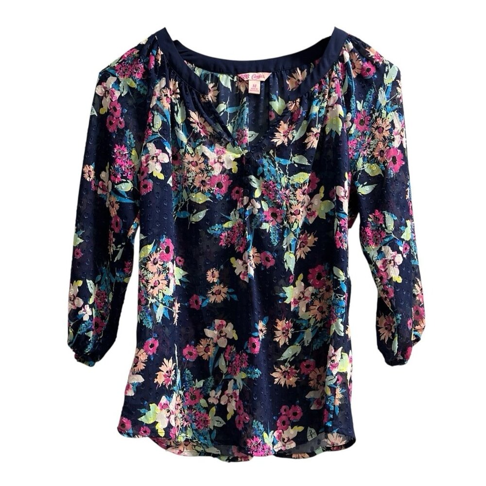 Candies Y2K Top Womens M Blue Sheer Floral Swiss Dot Blouse Fairy Festival